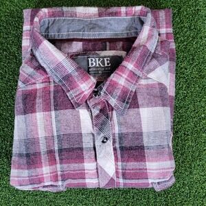 BKE Athletic Fit Plaid‎ Flannel Shirt Long Sleeve Button Up Maroon XL